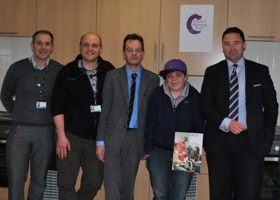 Visiting Newton House: David Wainfur, Riverside General Manager; Richard Medwell , Riverside Support Worker; Steve Holdsworth of Church Housing Trust; Jade Mitchell, Newton House resident; and Mathew Waddington, Partner at Harrison Clark Rickerbys