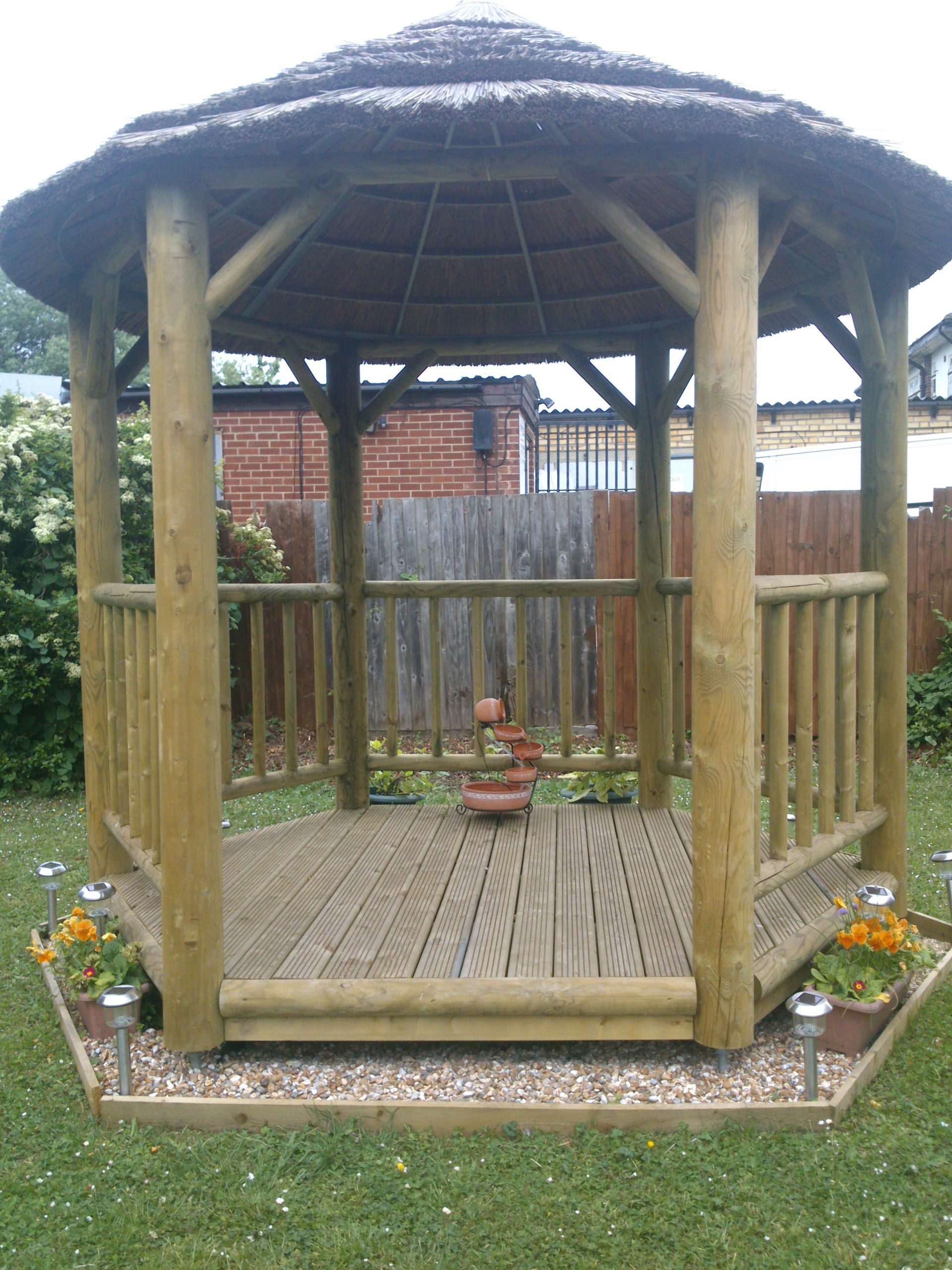The finished wooden gazebo in the garden at Lucas Court homelessness scheme