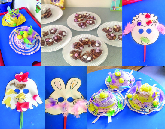 Decorated Easter hats, cakes, and masks at young families homelessness service
