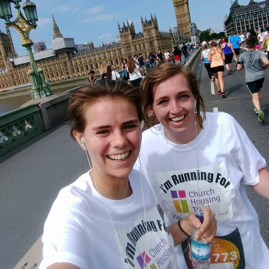 2017 British 10k runners on Waterloo Bridge, two women smiling
