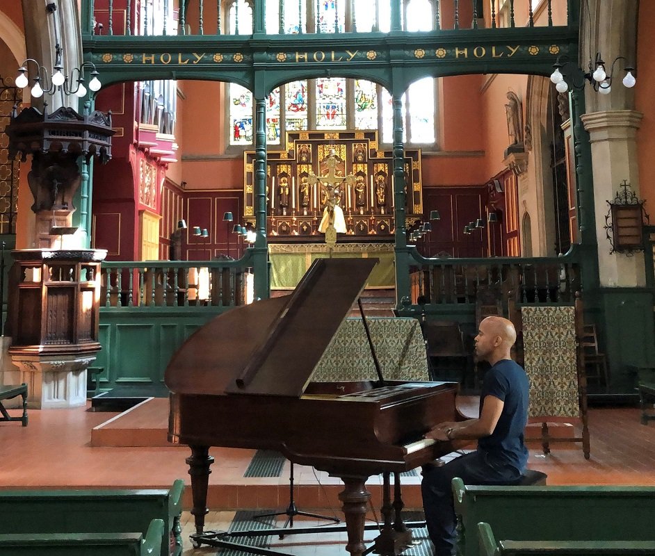 Vince Pope recording in St Michael and All Angels church