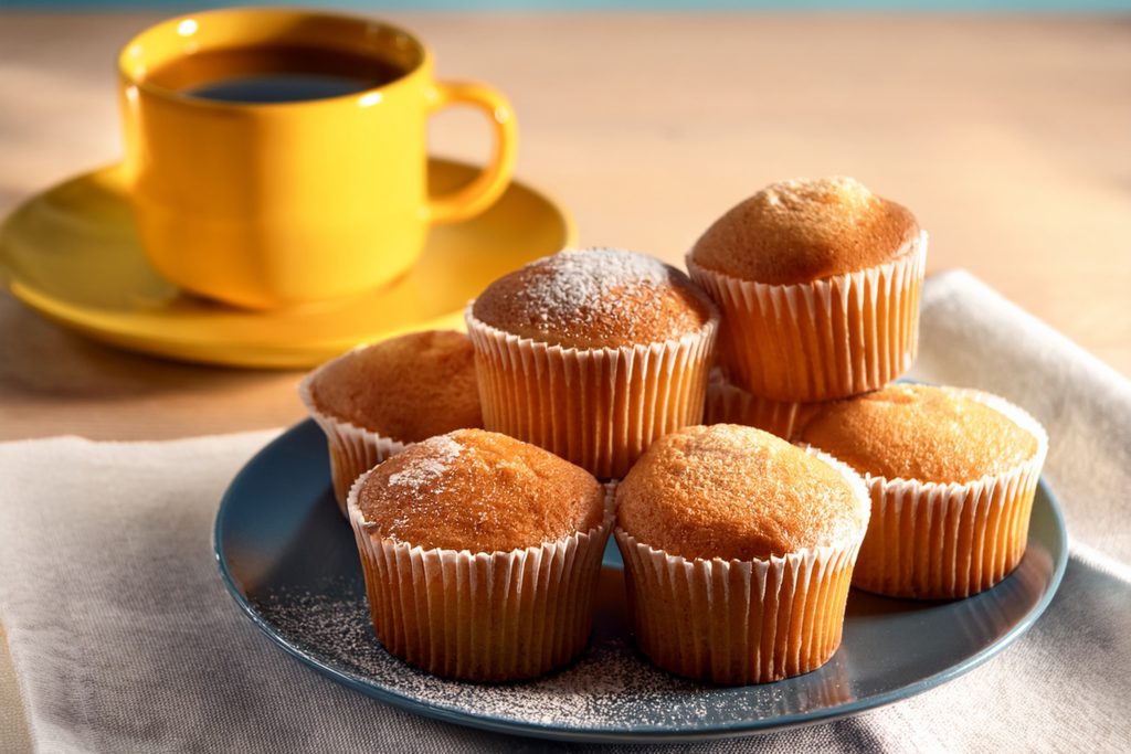 A plate of cupcakes and a yellow cup full of coffee on a table